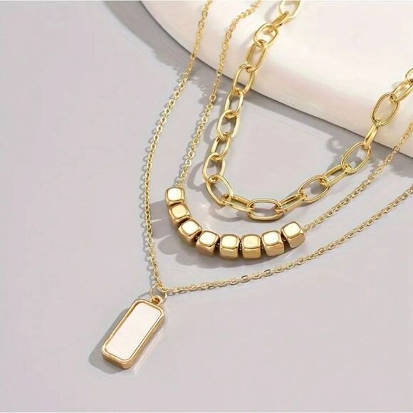 Gold Multi Layered Pearl Smooth Necklace - Picture 1 of 5